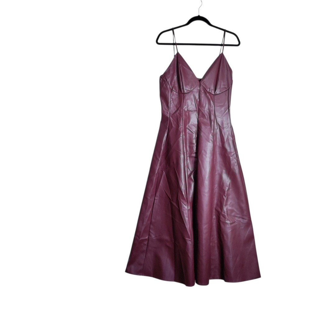 Aveloria Burgundy Faux Leather Midi Dress V-Neck Spaghetti Strap Size 12 XL